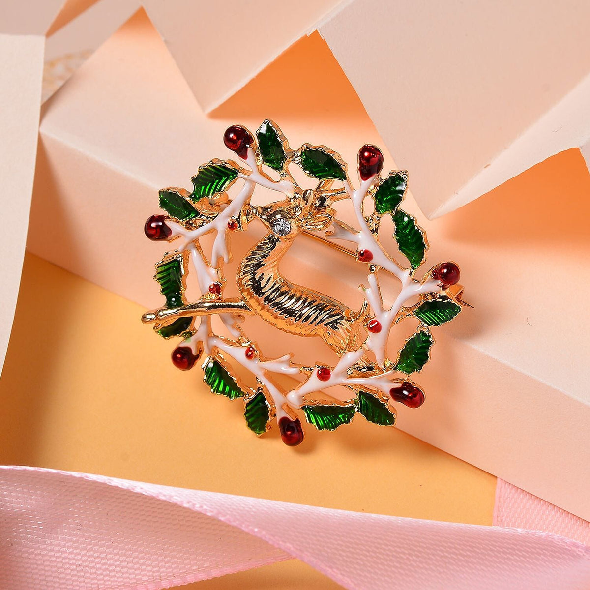 White Austrian Crystal Enamelled Reindeer Brooch in Yellow Gold Tone 7611549 1