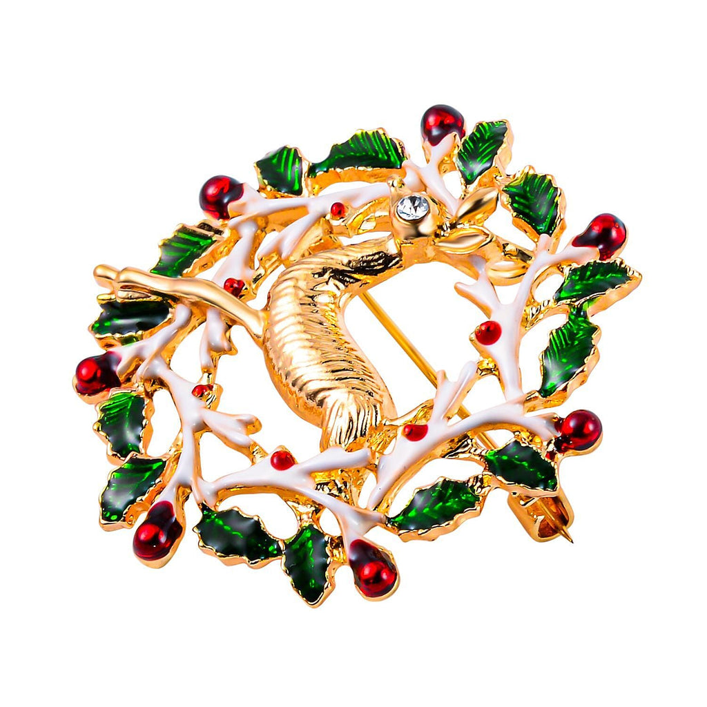 White Austrian Crystal Enamelled Reindeer Brooch in Yellow Gold Tone