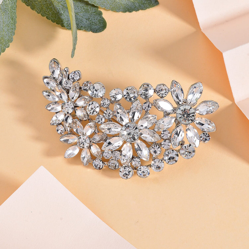 White Austrian Crystal Bow Brooch in Silver Tone