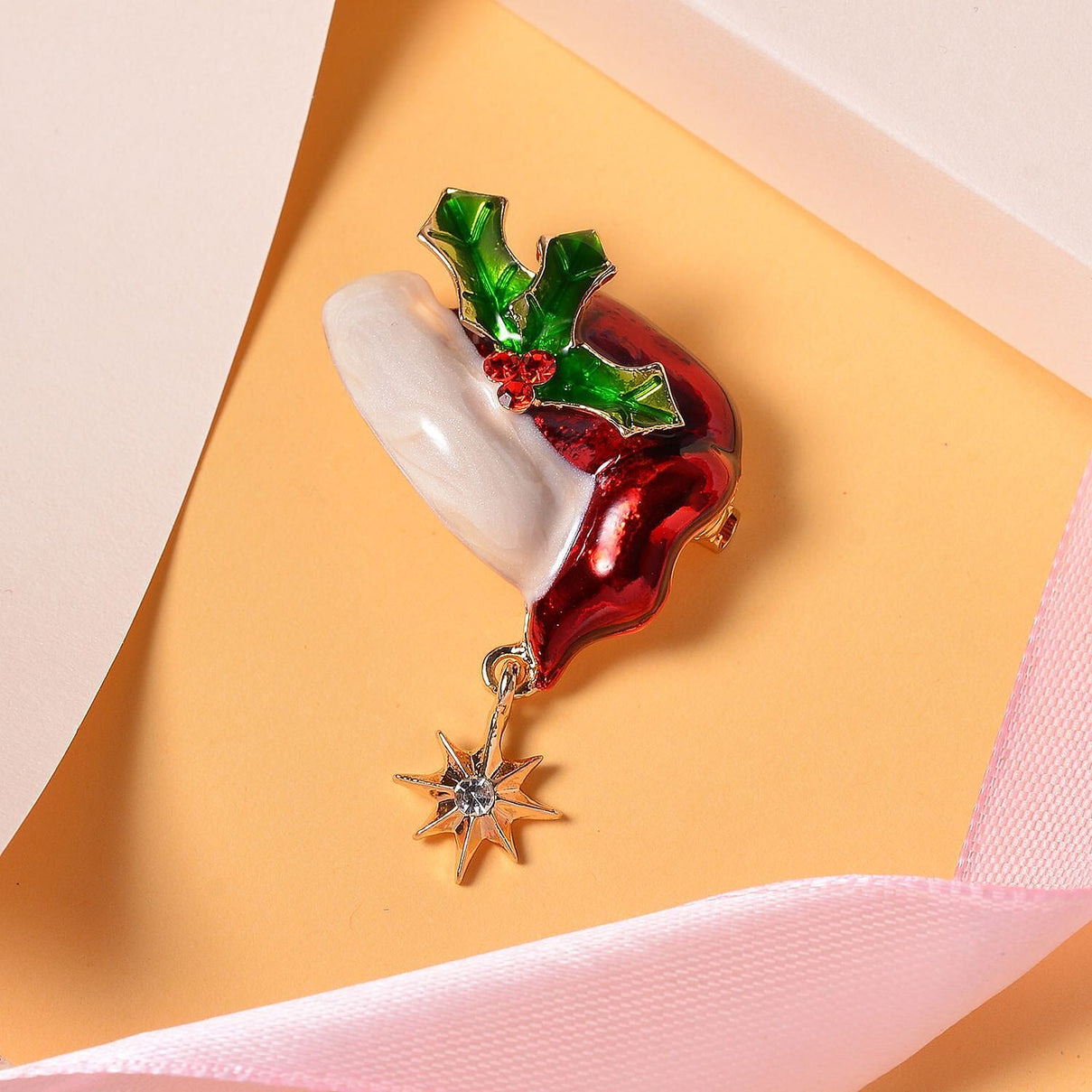 White &amp; Red Austrian Crystal Enamelled Star Brooch in Yellow Gold Tone 7611564 1