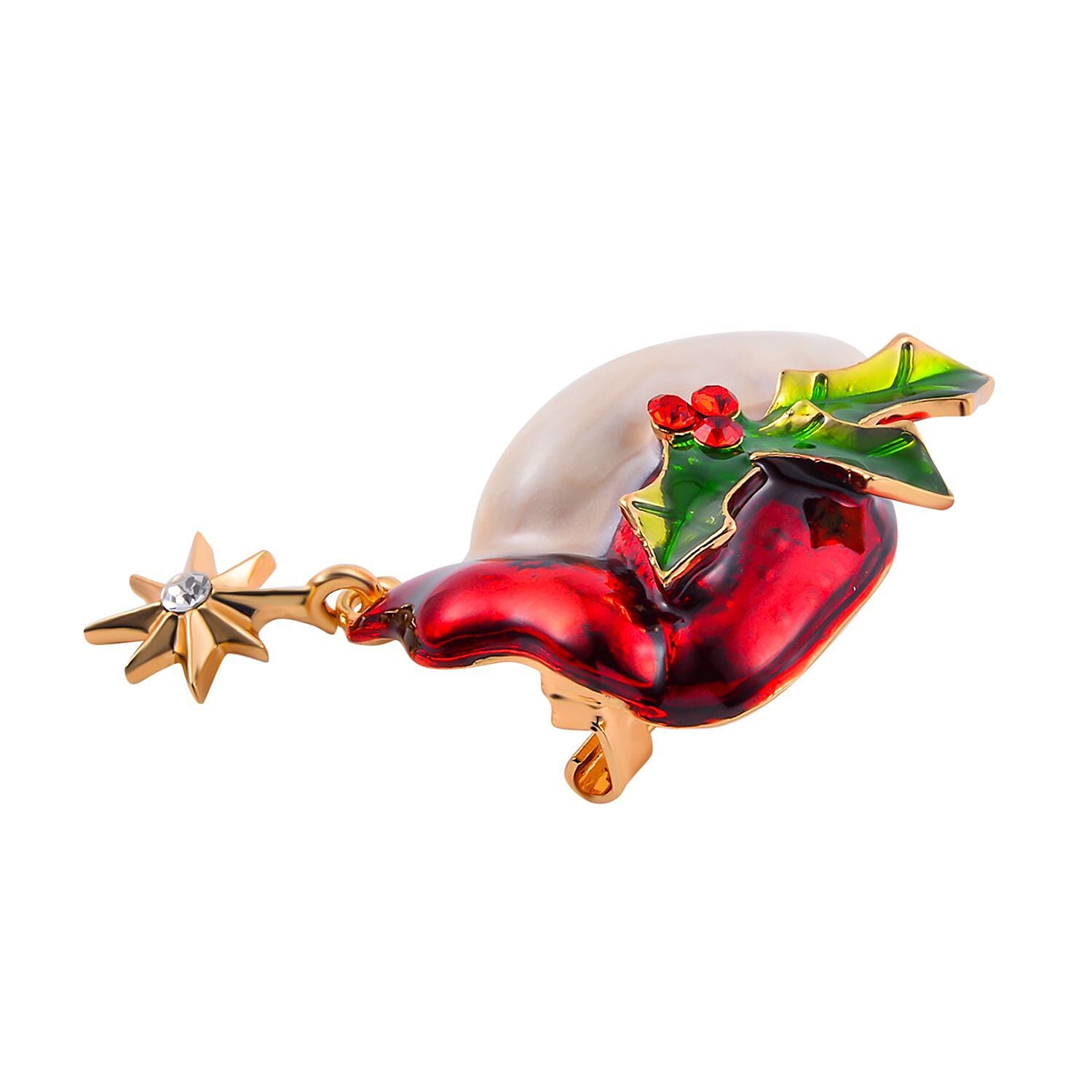 White &amp; Red Austrian Crystal Enamelled Star Brooch in Yellow Gold Tone 7611564 2