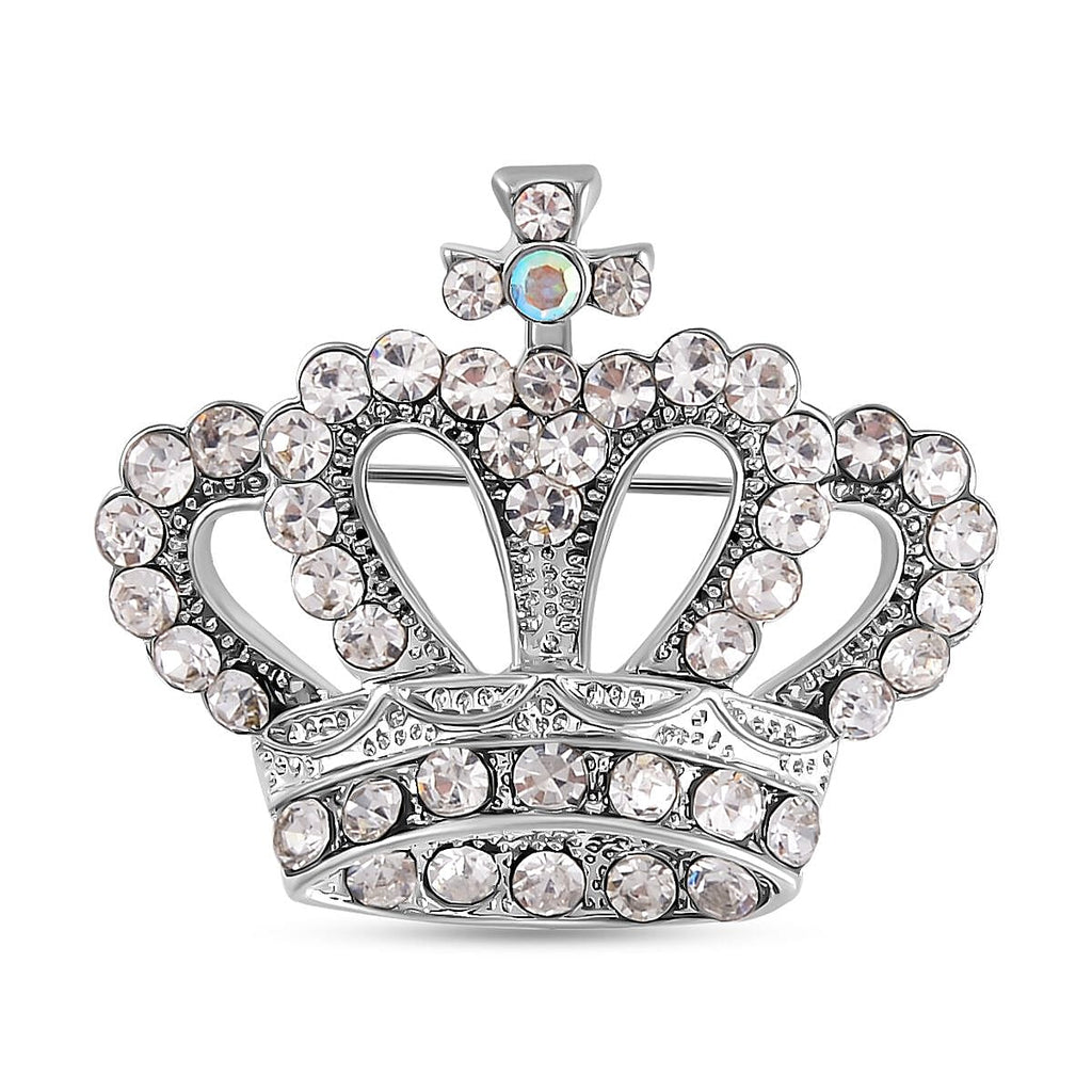 White Austrian Crystal & Simulated Mystic White Austrian Crystal Crown Brooch in Silver Tone