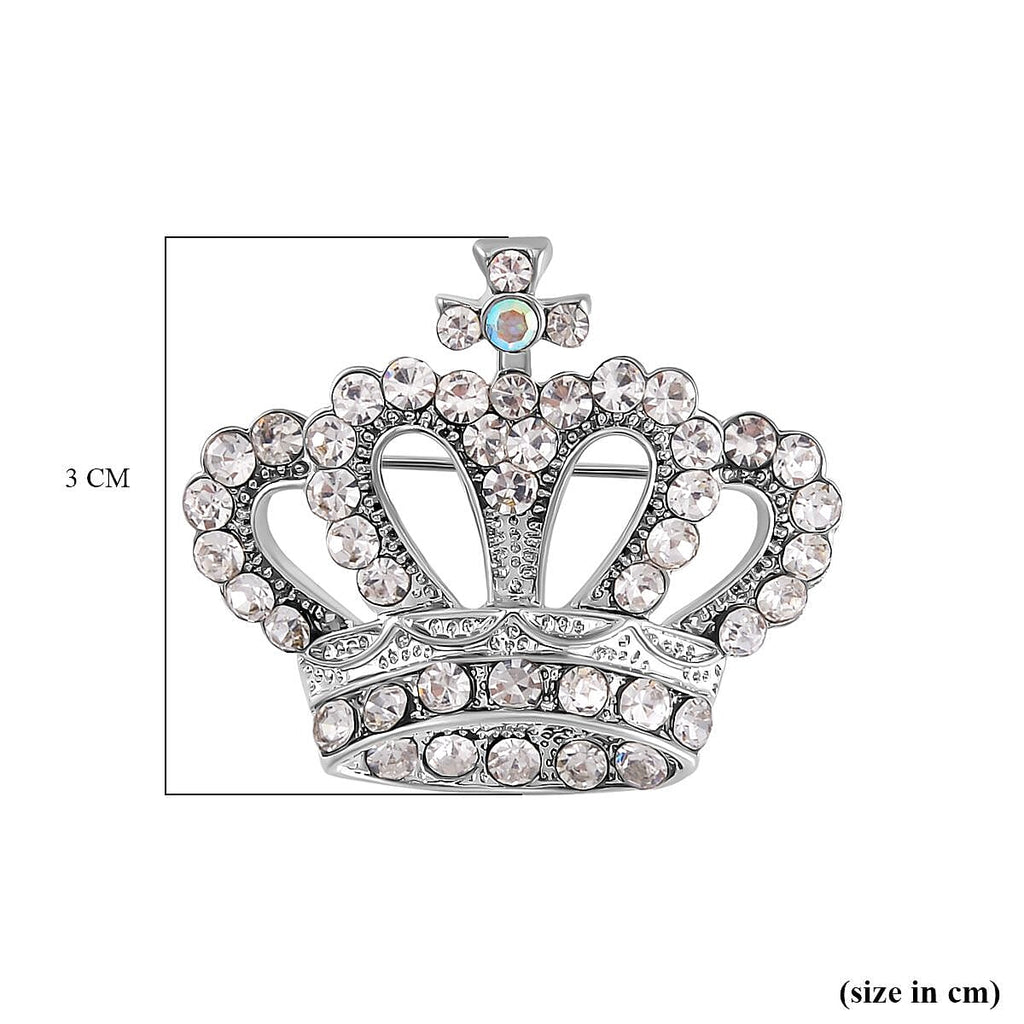 White Austrian Crystal & Simulated Mystic White Austrian Crystal Crown Brooch in Silver Tone
