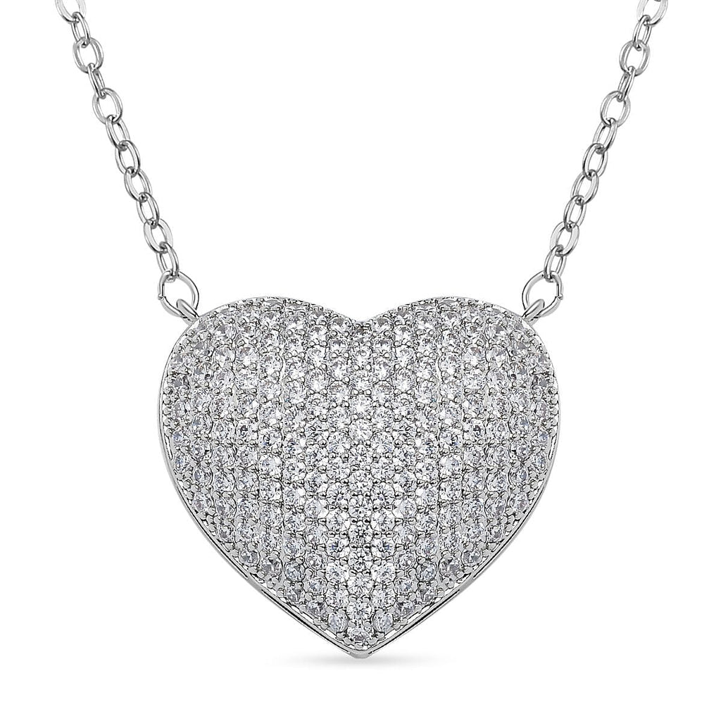 Cubic Zirconia Heart Necklace (Size - 20) in Silver Tone