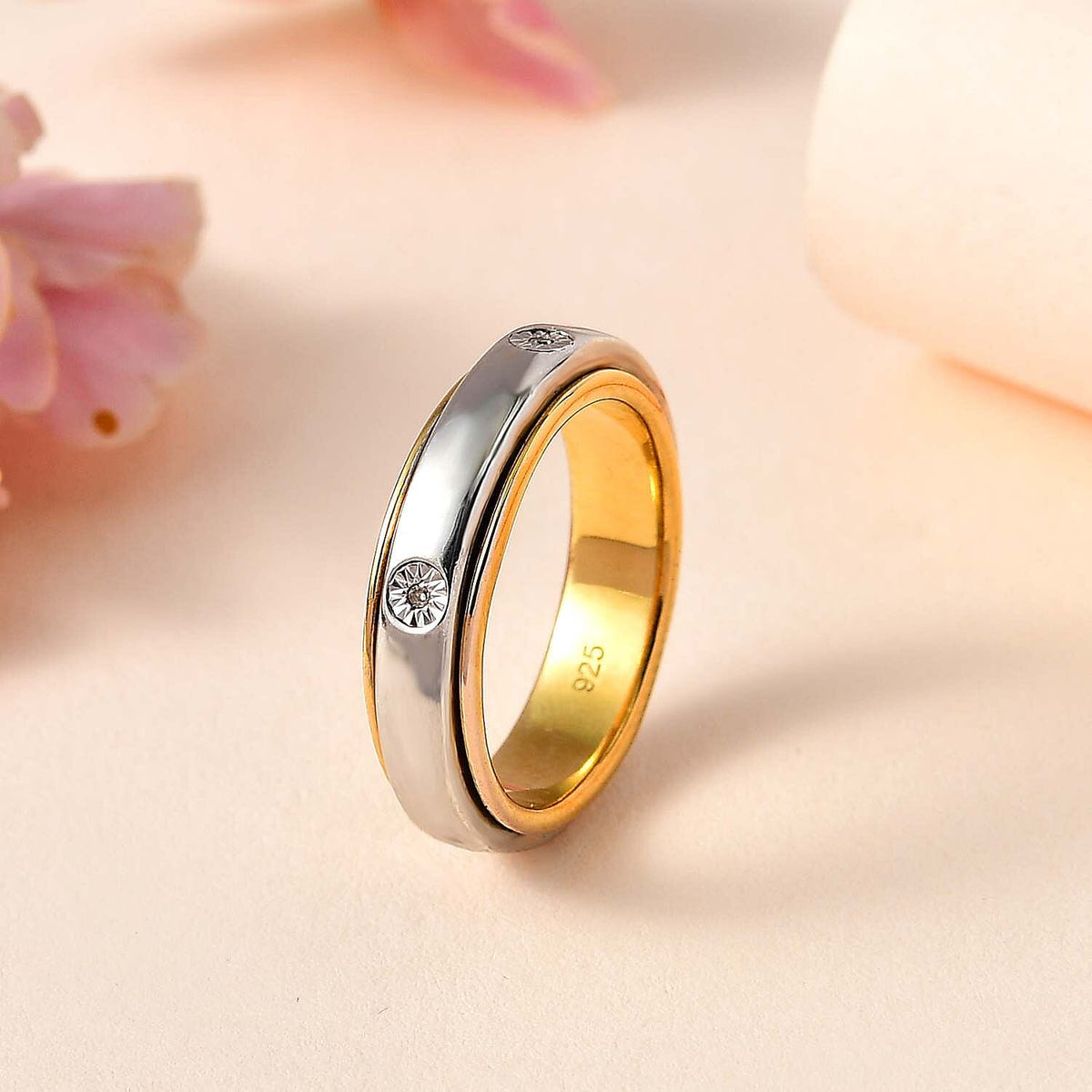 First Launch - Diamond Spinner Band Ring with 5 diamonds in Platinum and Gold Overlay in Sterling Silver 7607777 4