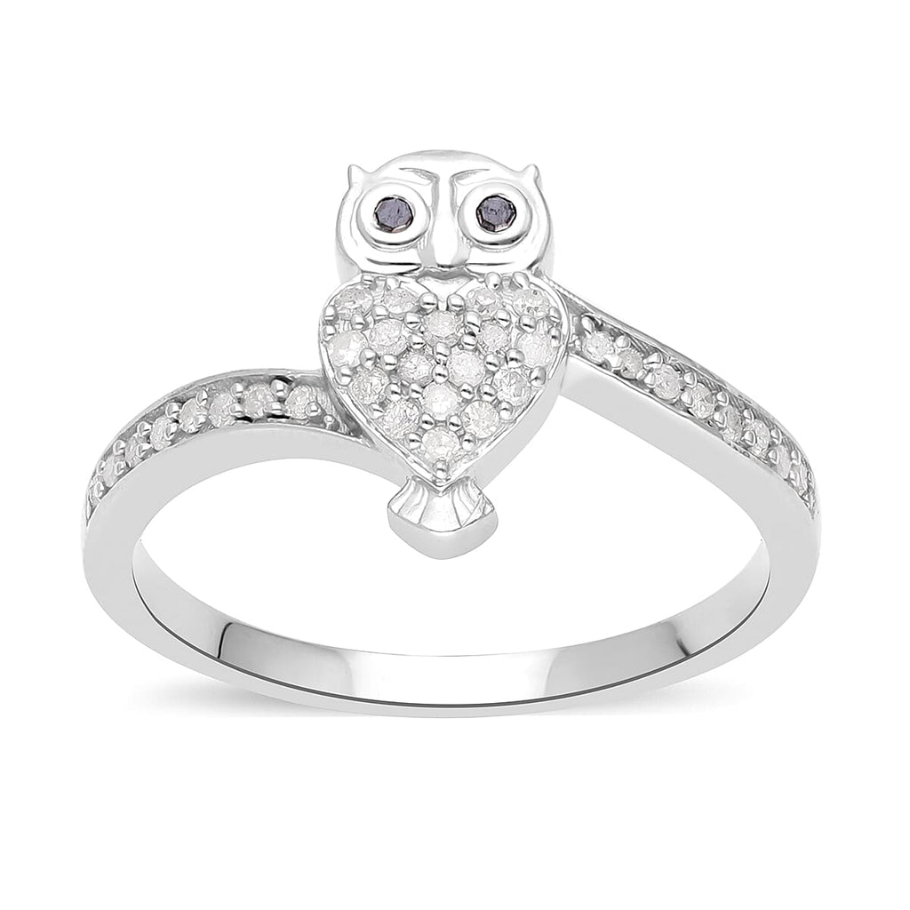 White Diamond & Black Diamond Owl Ring in Platinum Overlay Sterling Silver 0.25 Ct