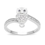 White Diamond & Black Diamond Owl Ring in Platinum Overlay Sterling Silver 0.25 Ct