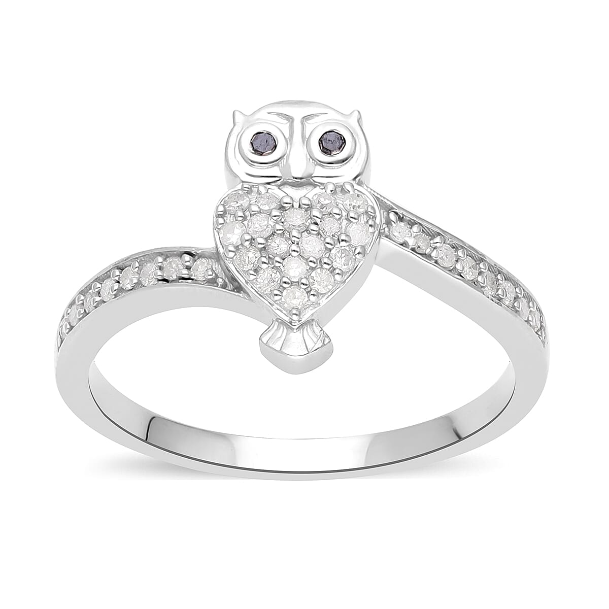 White Diamond &amp; Black Diamond Owl Ring in Platinum Overlay Sterling Silver 0.25 Ct 7619493 0