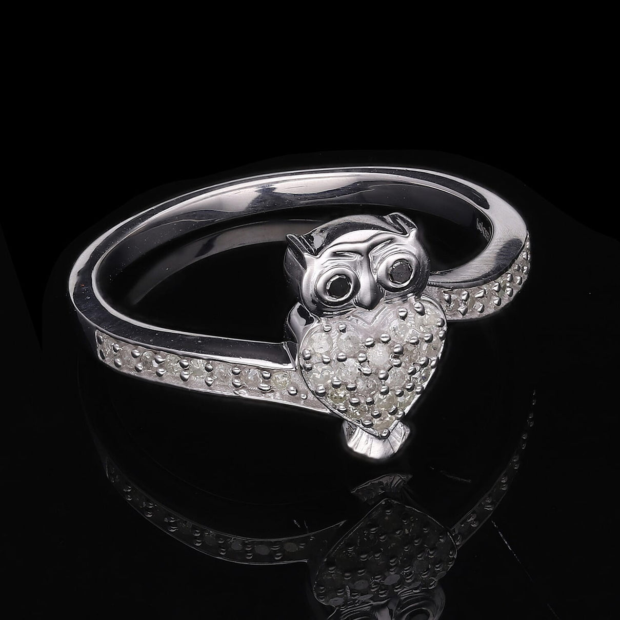 White Diamond &amp; Black Diamond Owl Ring in Platinum Overlay Sterling Silver 0.25 Ct 7619493 1