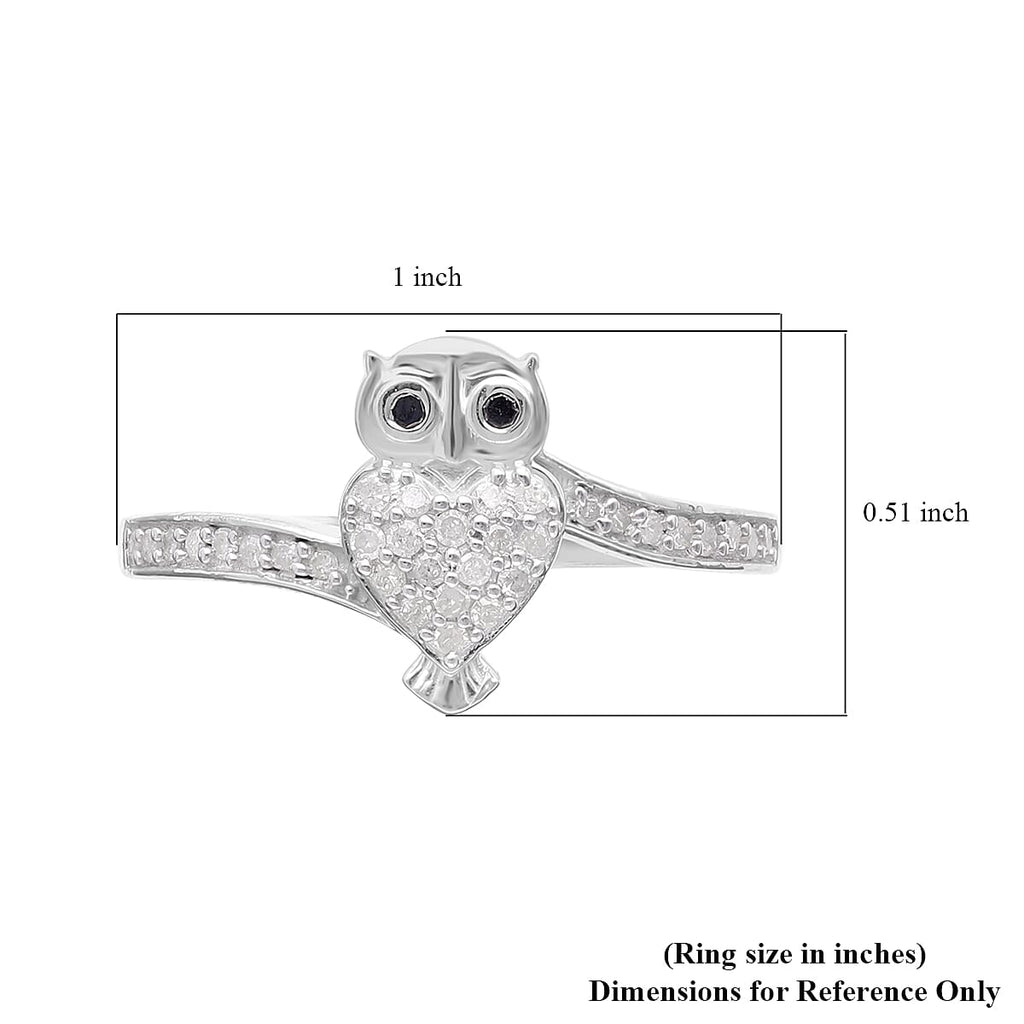 White Diamond & Black Diamond Owl Ring in Platinum Overlay Sterling Silver 0.25 Ct