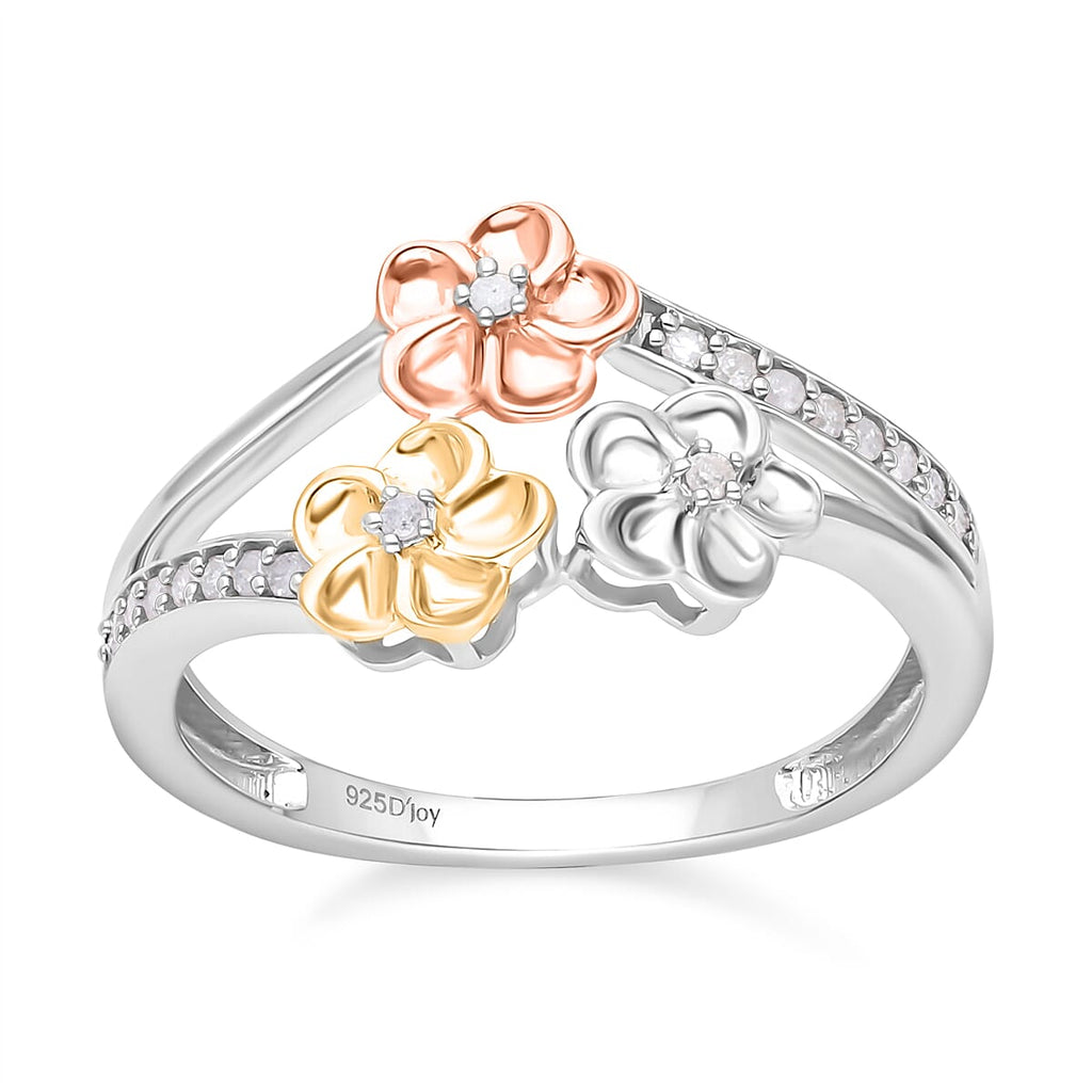 Diamond Floral Ring in Three-Tone Plated Sterling Silver 0.15 Ct