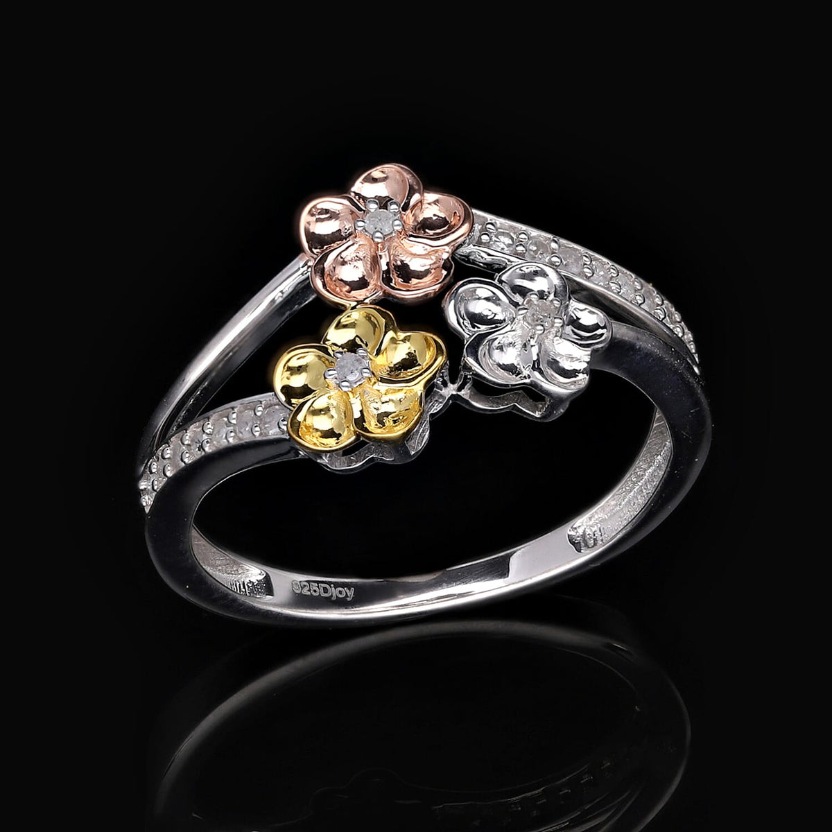 Diamond Floral Ring in Three-Tone Plated Sterling Silver 0.15 Ct 7620498 1