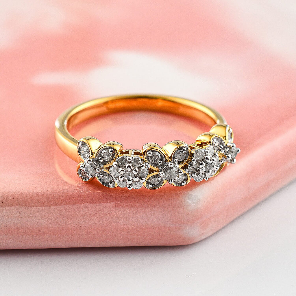 Diamond Floral Band Ring in 18K Vermeil Yellow Gold Plated Sterling Silver 0.25 Ct