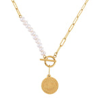 White Fresh Water Pearl Paperclip Circle Necklace (Size - 22) With T-Bar Clasp