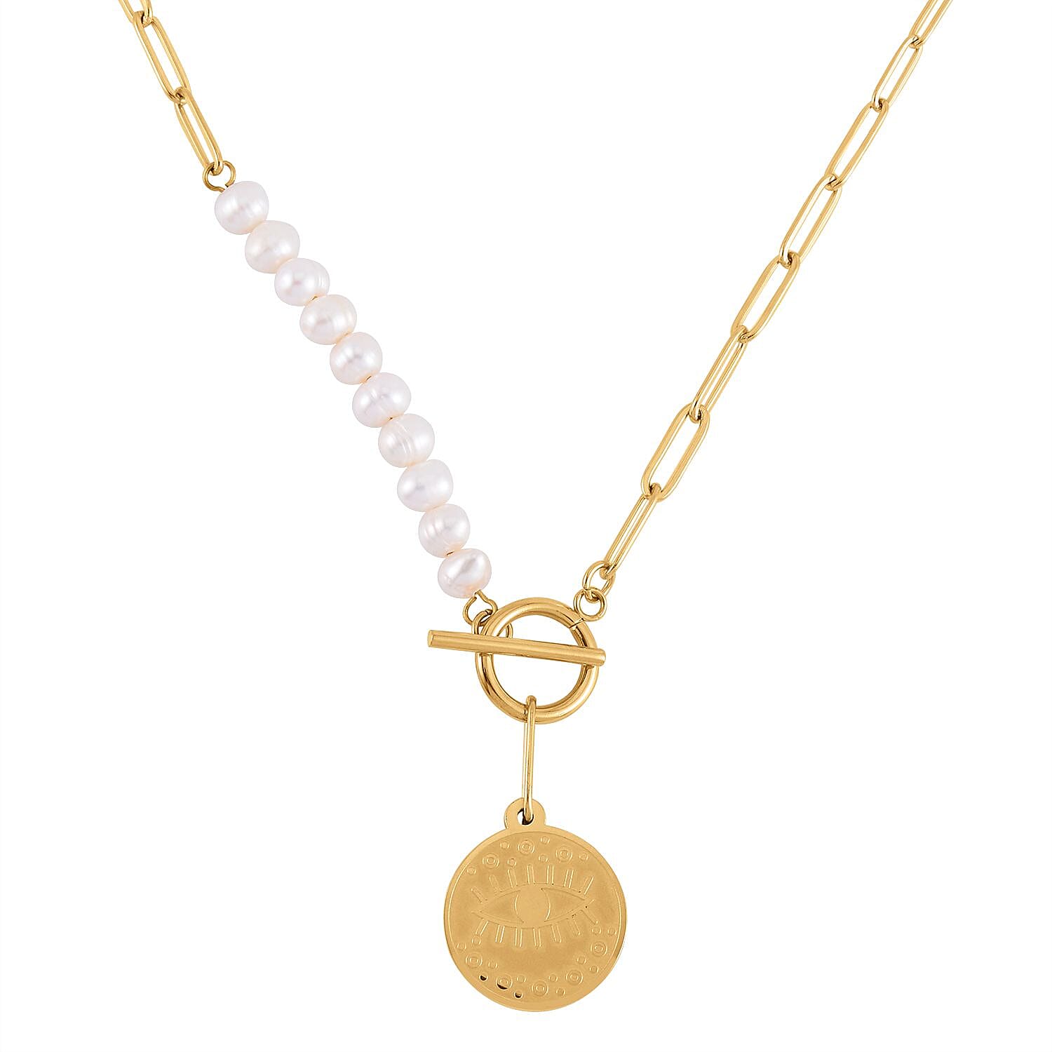 White Fresh Water Pearl Paperclip Circle Necklace (Size - 22) With T-Bar Clasp 7646403 0