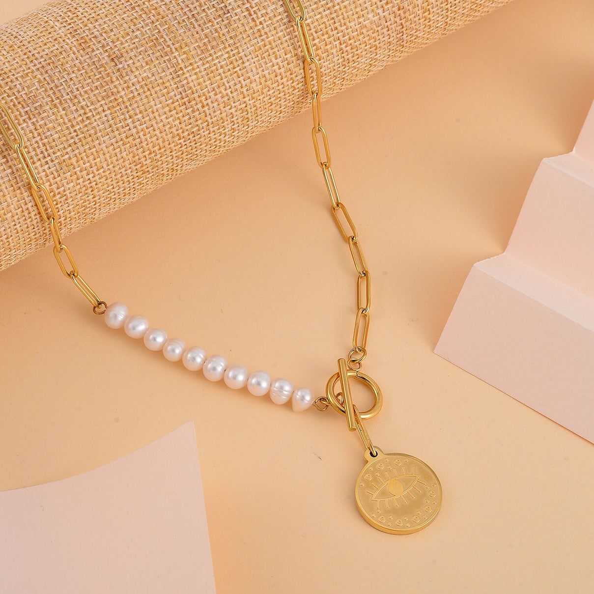 White Fresh Water Pearl Paperclip Circle Necklace (Size - 22) With T-Bar Clasp 7646403 2