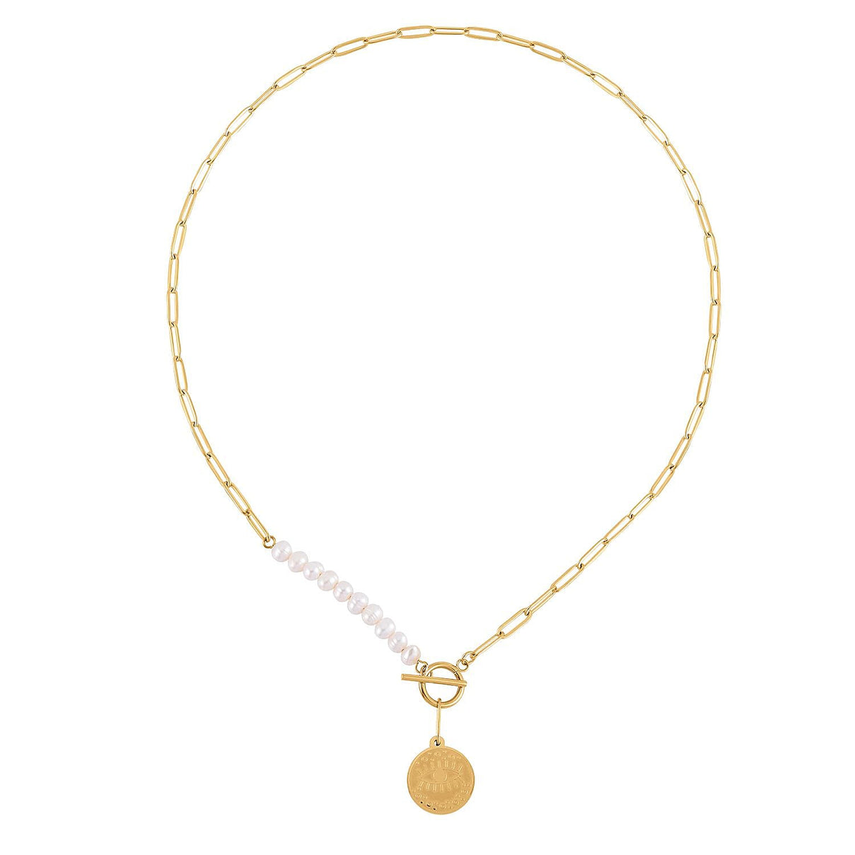 White Fresh Water Pearl Paperclip Circle Necklace (Size - 22) With T-Bar Clasp 7646403 3