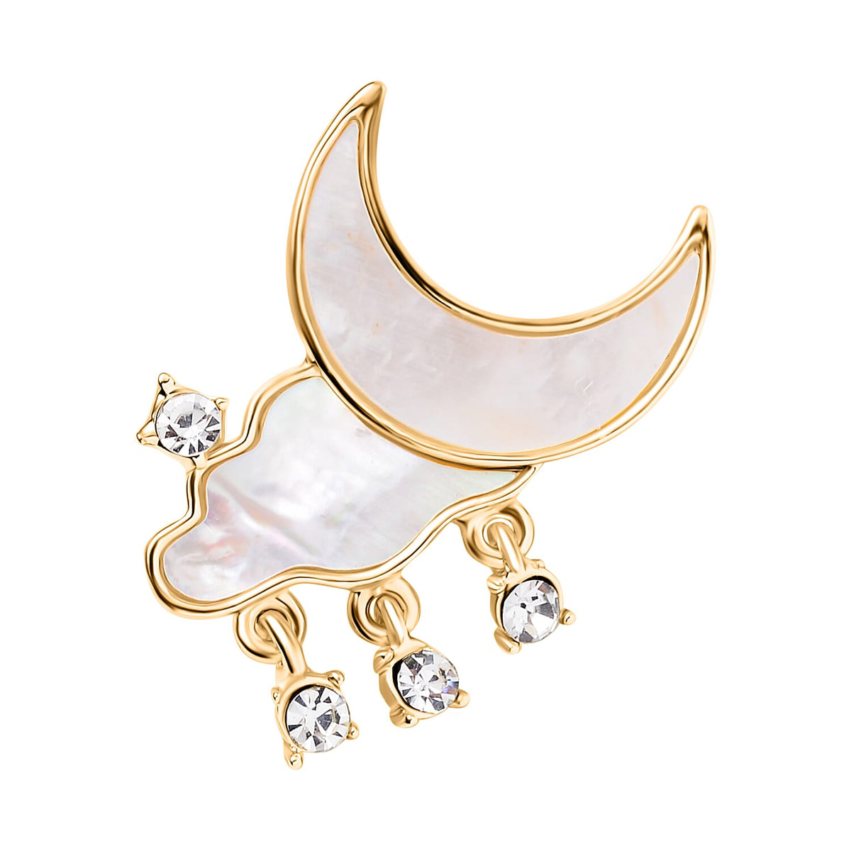 White Shell Pearl &amp; White Austrian Crystal Crescent Moon Brooch in Yellow Gold Tone 7602237 0