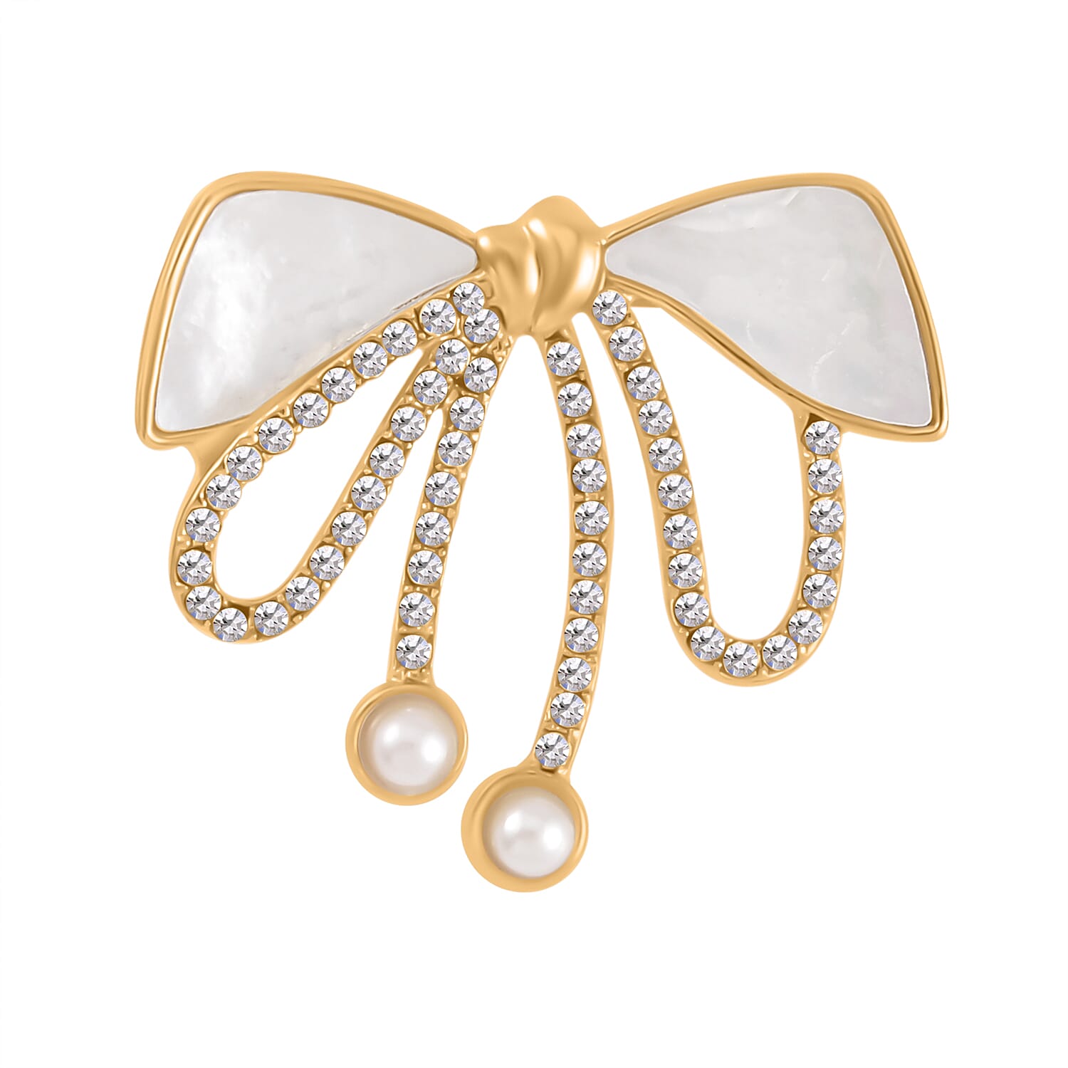 White Shell Pearl and White Austrian Crystal Bowknot Brooch in Yellow Gold Tone 7602292 0