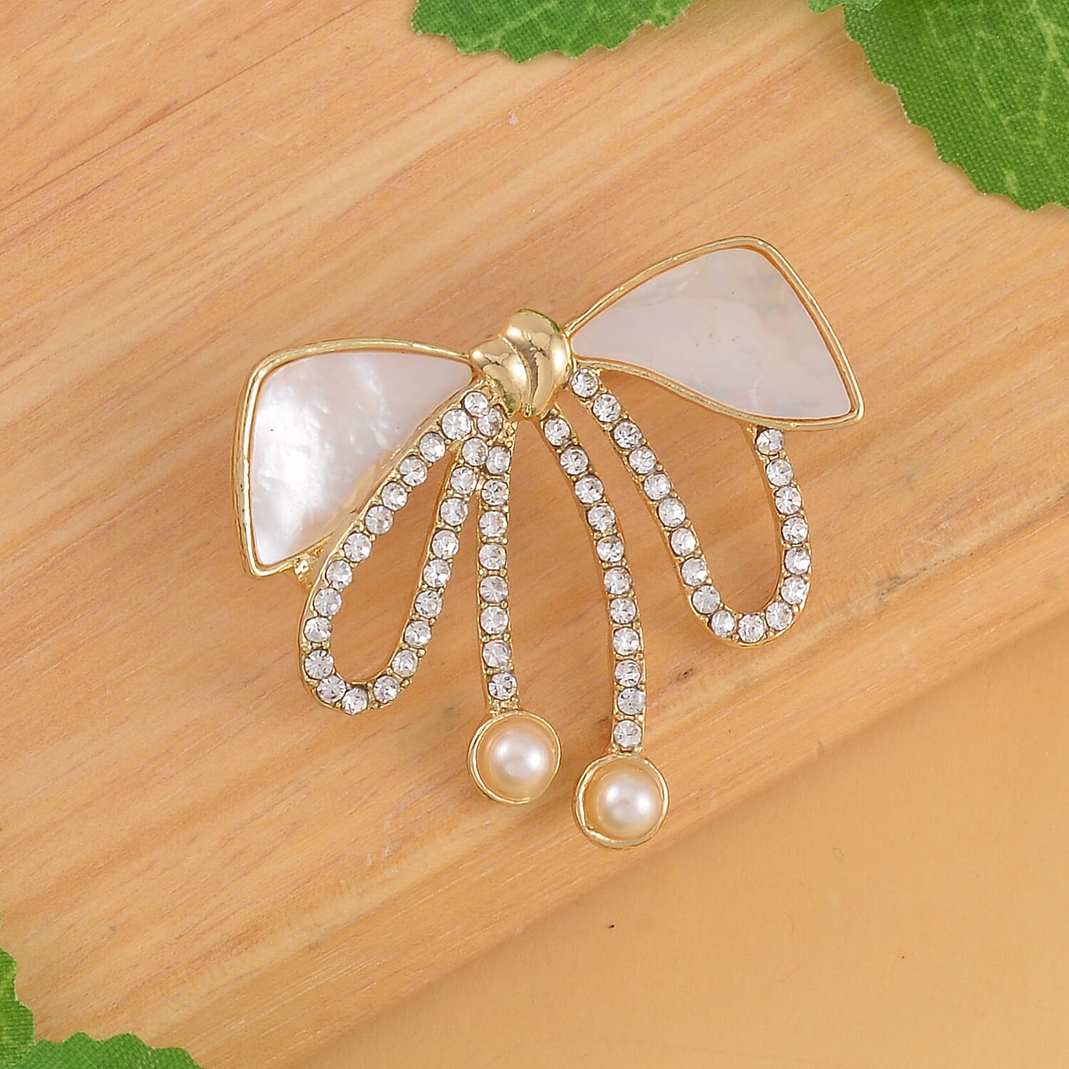 White Shell Pearl and White Austrian Crystal Bowknot Brooch in Yellow Gold Tone 7602292 1