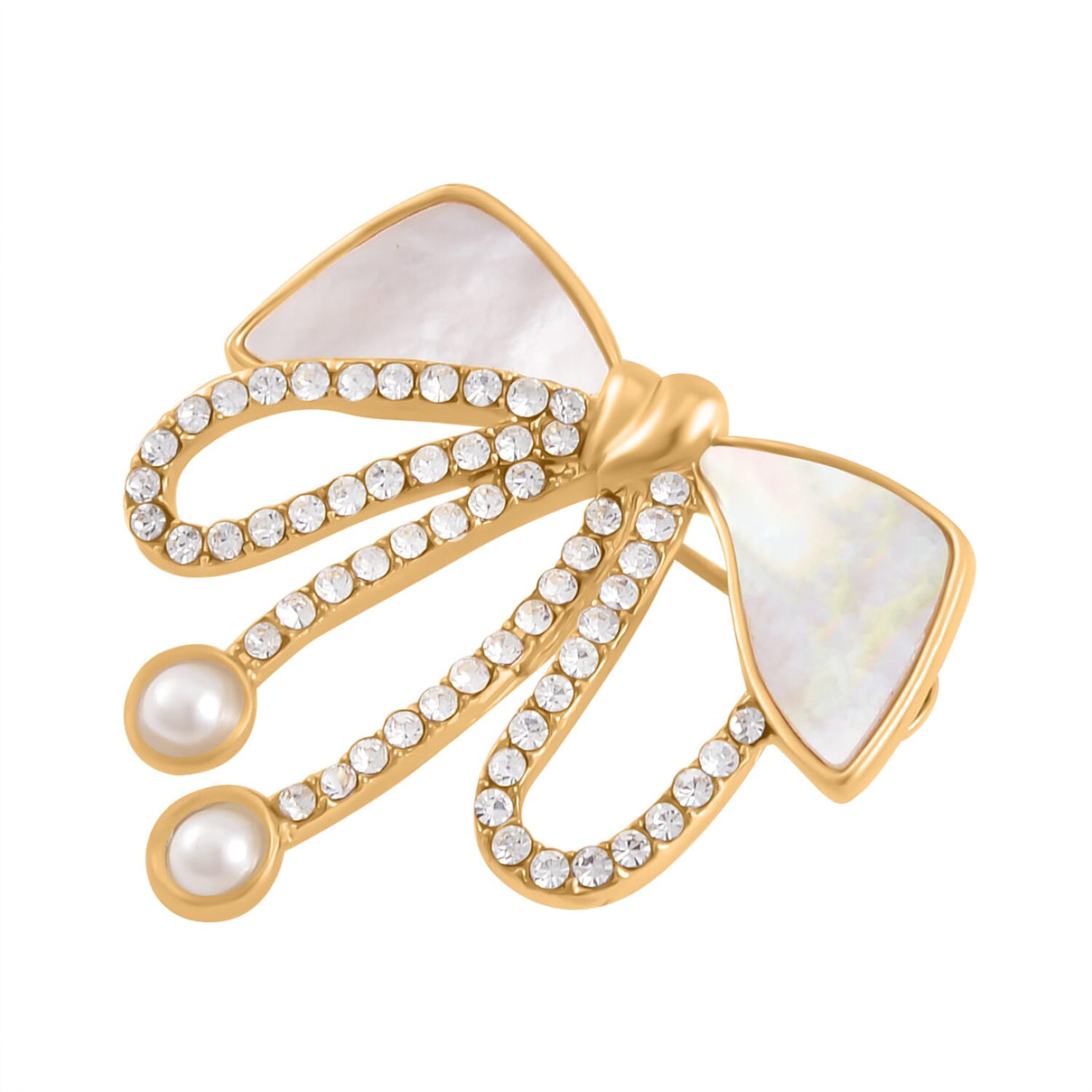 White Shell Pearl and White Austrian Crystal Bowknot Brooch in Yellow Gold Tone 7602292 2