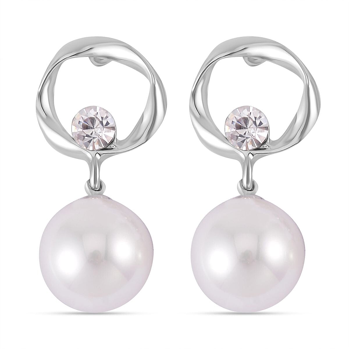 White Shell Pearl &amp; White Austrian Crystal Dangle Earrings with Push Back 7606421 0