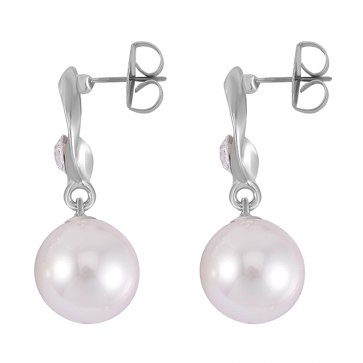 White Shell Pearl &amp; White Austrian Crystal Dangle Earrings with Push Back 7606421 4