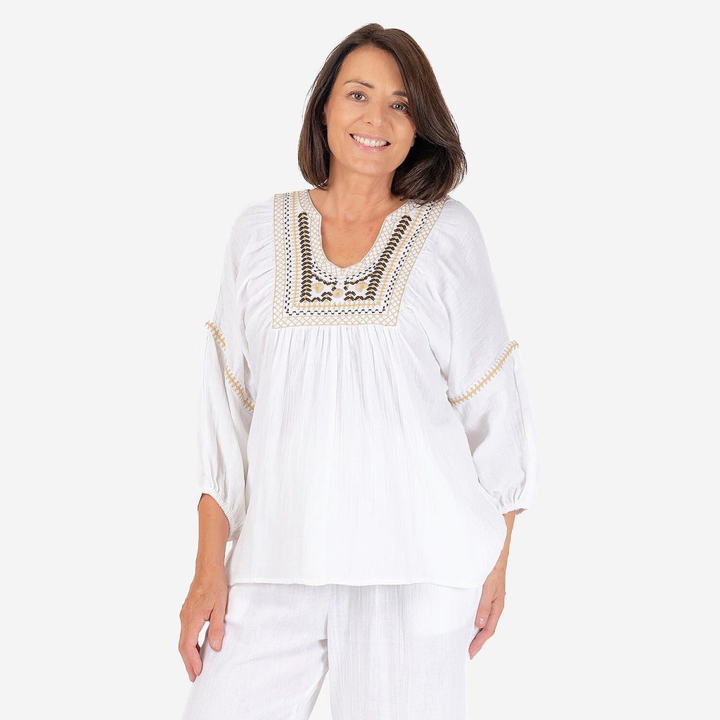 100% Cotton Tamsy Embroiderd Gauze Top Size L (16-18) -White
