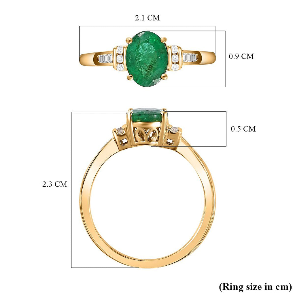 Zambian Emerald & Diamond Ring in 18K Vermeil Yellow Gold Plated Sterling Silver 1.29 Ct