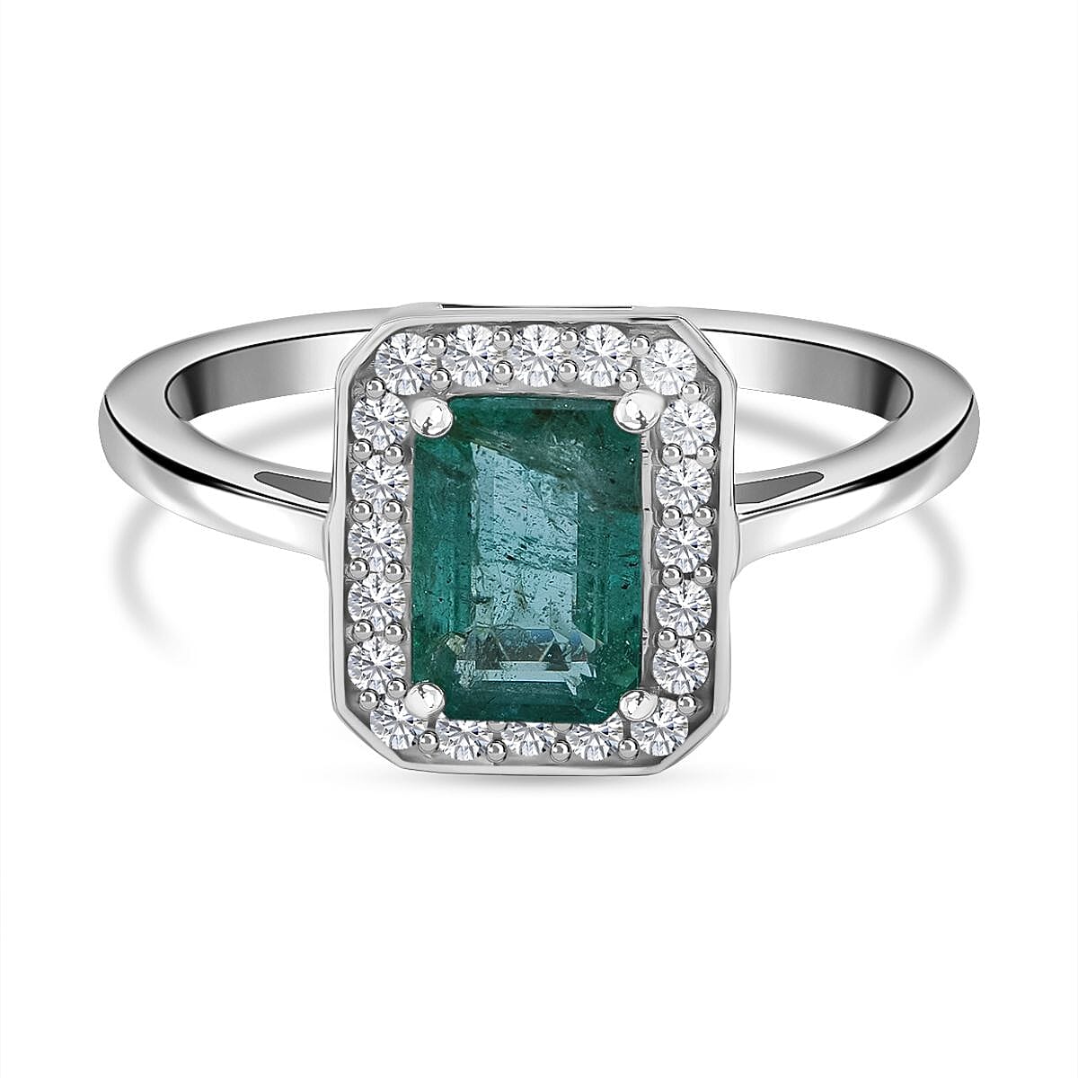 Glenstones Gemfields Emerald &amp; Diamond Halo Ring in Rhodium Overlay Sterling Silver 1.15 Ct. 7592494 0