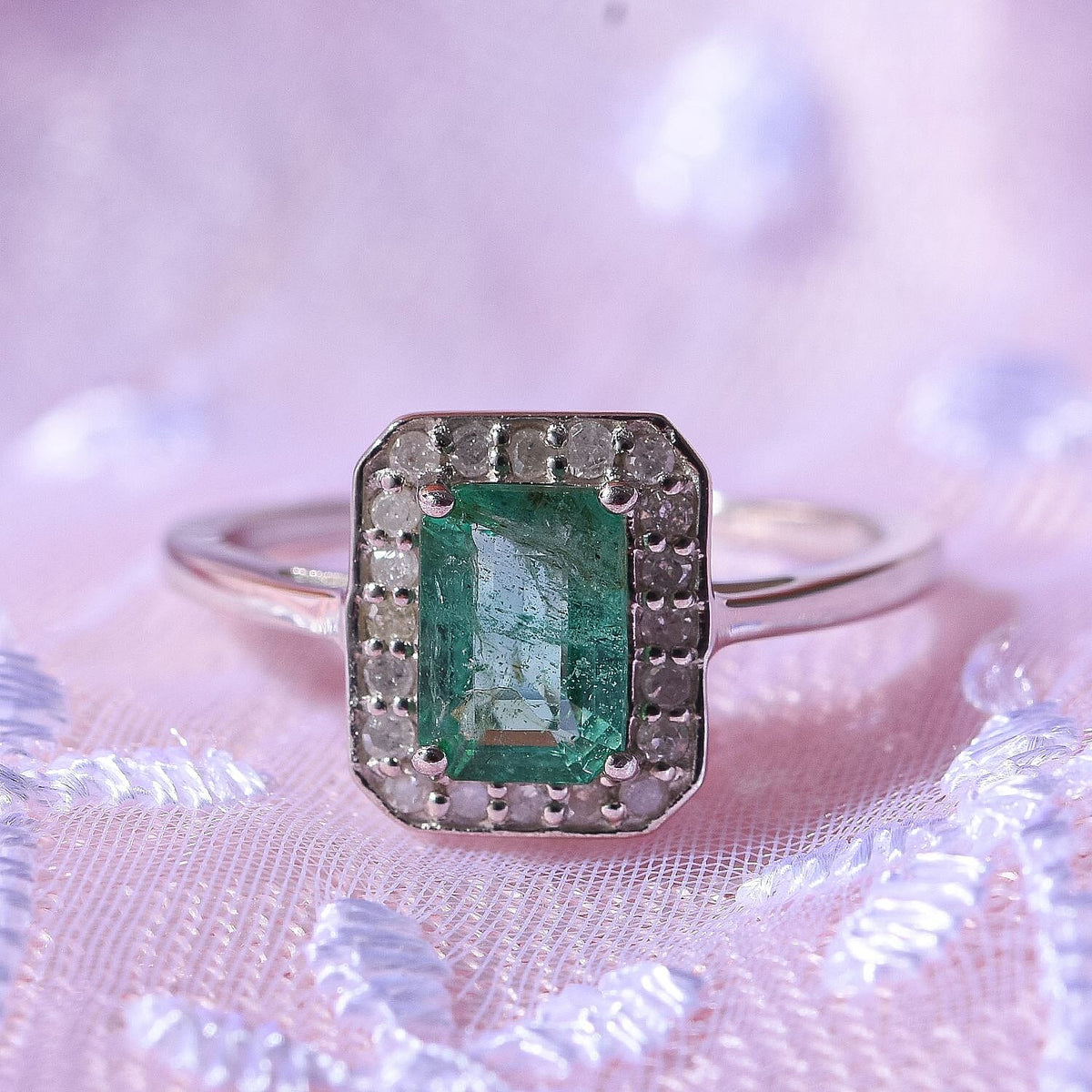 Glenstones Gemfields Emerald &amp; Diamond Halo Ring in Rhodium Overlay Sterling Silver 1.15 Ct. 7592494 1