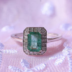 Glenstones Gemfields Emerald & Diamond Halo Ring in Rhodium Overlay Sterling Silver 1.15 Ct.