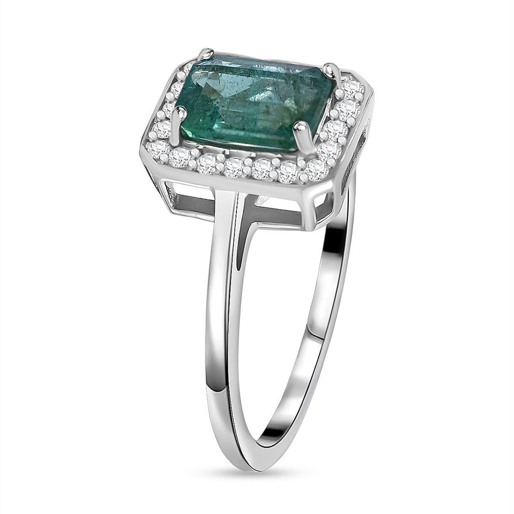Glenstones Gemfields Emerald & Diamond Halo Ring in Rhodium Overlay Sterling Silver 1.15 Ct.
