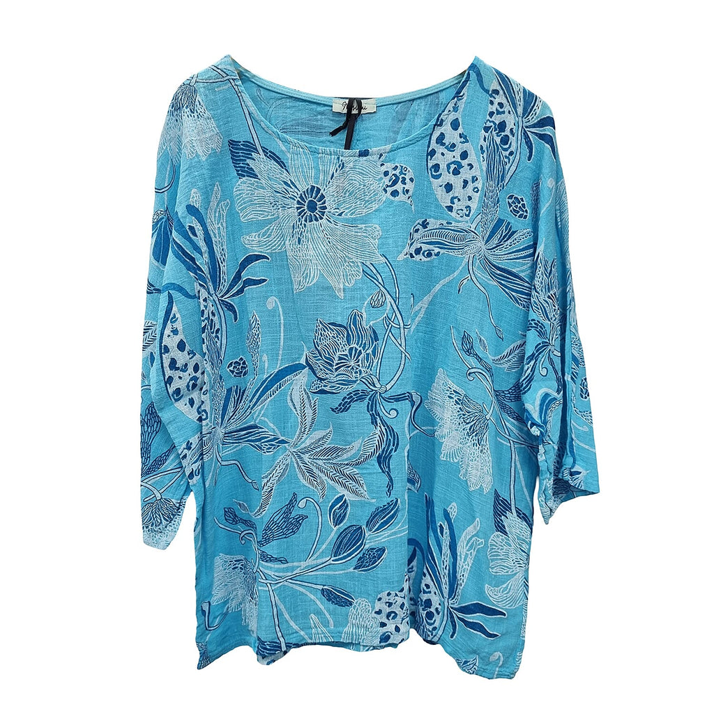 Nova of London 100 % Cotton Botanical Flower Top (One Size) with Necklace (Size 32) - Light Blue