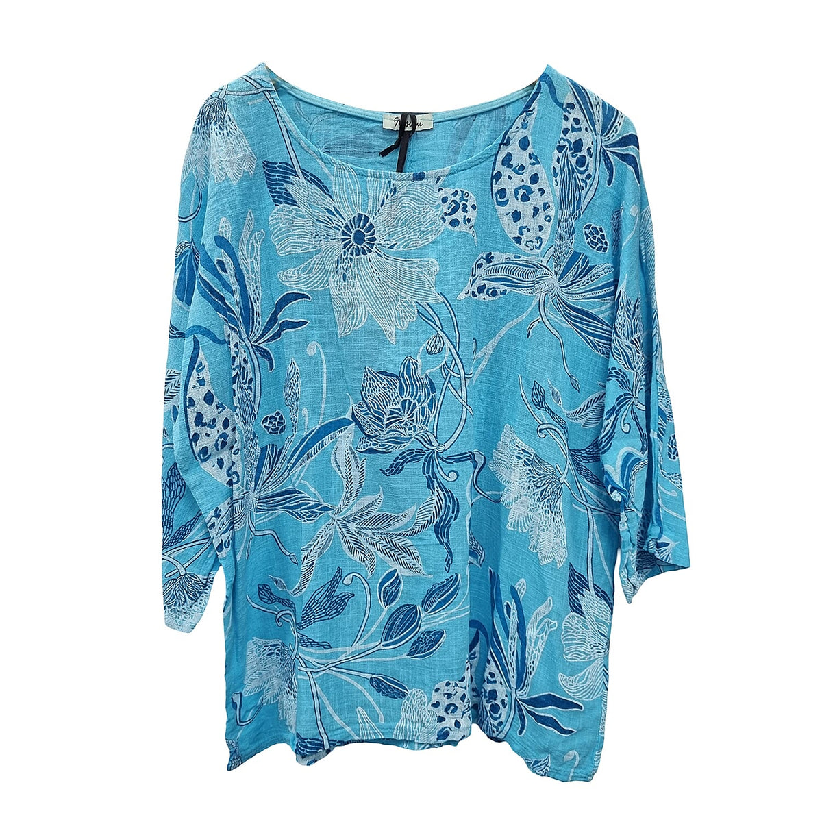 Misumi Italian Closeout - Nova of London 100 % Cotton Botanical Flower Top  (One Size) with Necklace (Size 32) - Light Blue 7799196 0