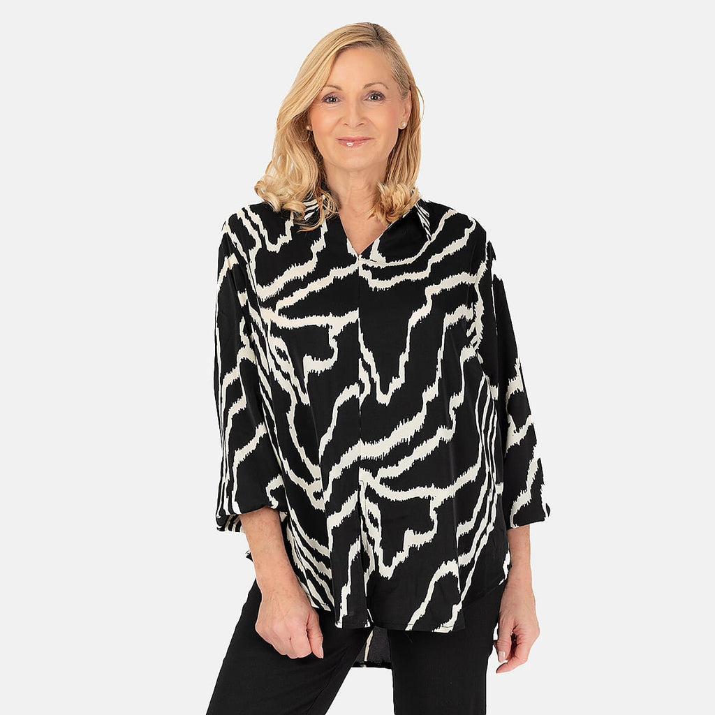 Nova of London Abstract Line Grandad Collar Tie Shirt (Size SM) - Zebra