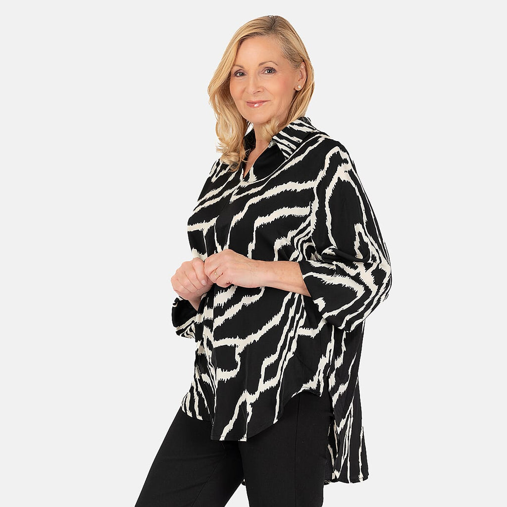 Nova of London Abstract Line Grandad Collar Tie Shirt (Size SM) - Zebra