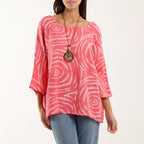 Nova of London 100 % Cotton Swirl Sleeve Blouse (One Size) with Necklace (Size 32) - Pink