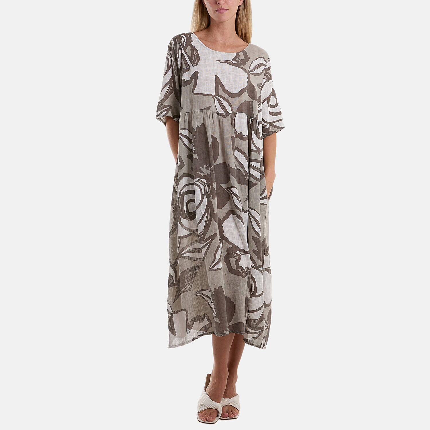 Moda Italia Roses Print 100% Cotton Midi Dress (One Size8-20) - Khaki 7778663 0