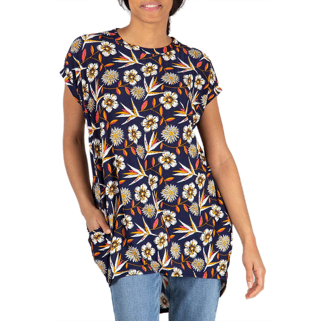 Nova of London Floral Pattern Oversized Side Pocket Tunic Top in Orange & Navy (Size M-L; 16-20)
