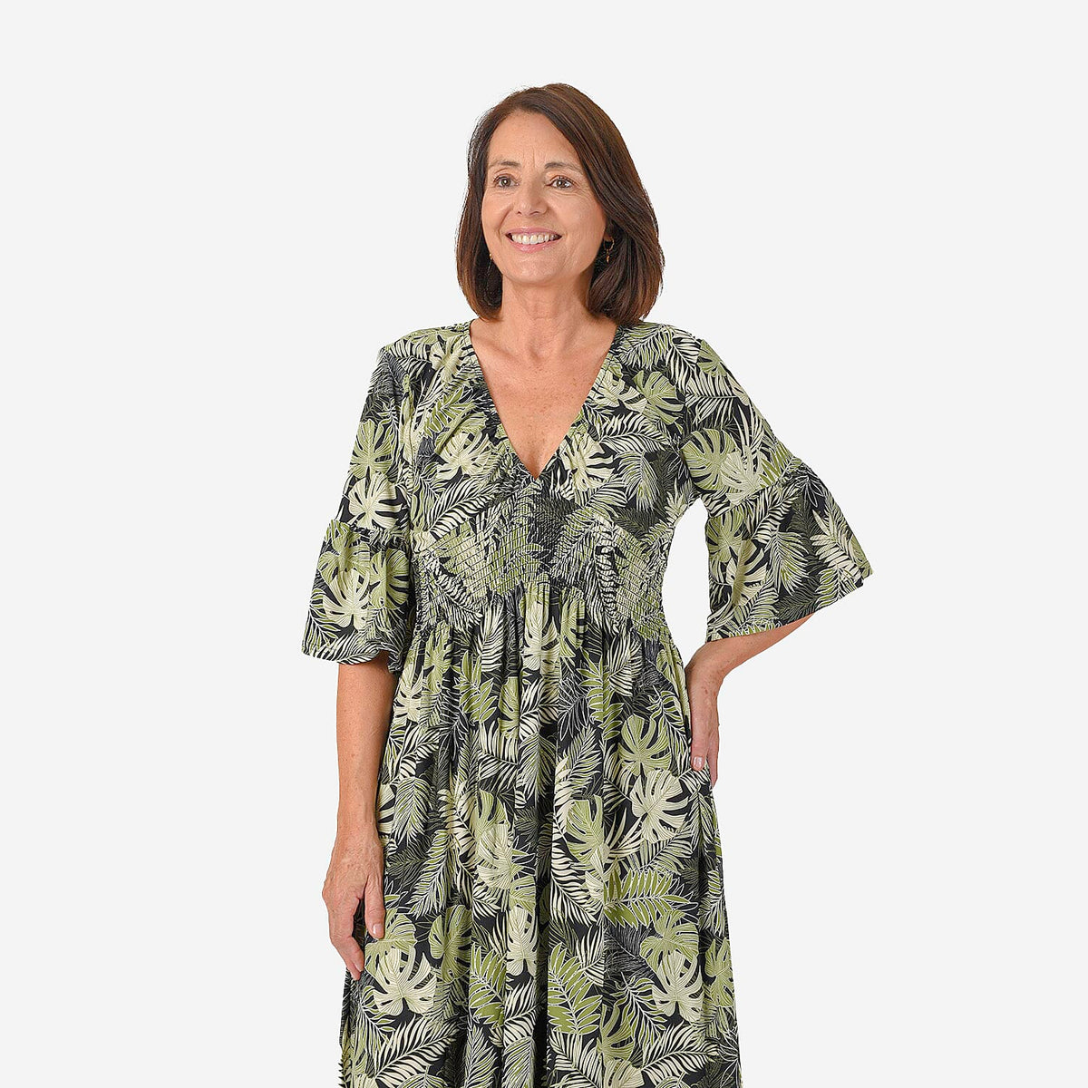Nova of London Palm Leaf Printed Shirred Waist Stretch Midi Dress (Size S) - Black V32610199 2