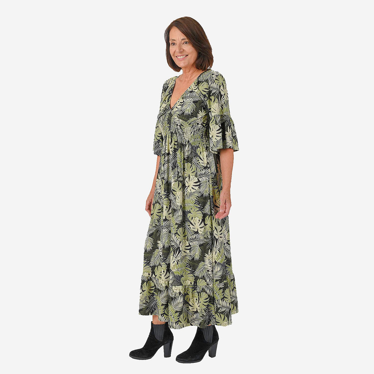 Nova of London Palm Leaf Printed Shirred Waist Stretch Midi Dress (Size S) - Black V32610199 3