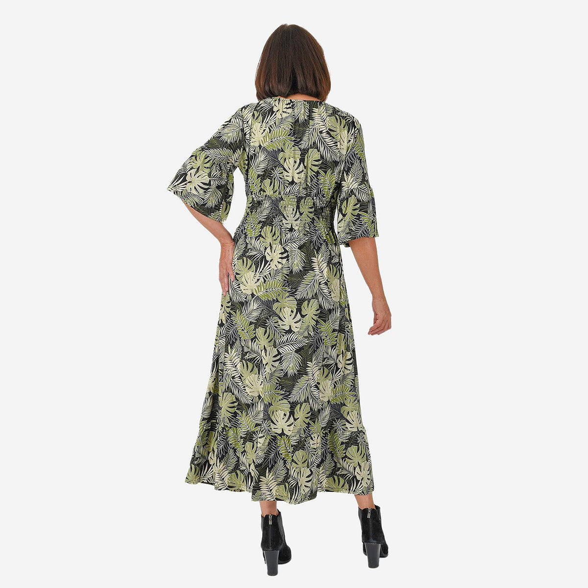 Nova of London Palm Leaf Printed Shirred Waist Stretch Midi Dress (Size S) - Black V32610199 4