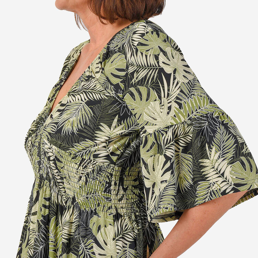 Nova of London Palm Leaf Pattern Shirred Waist Stretch Midi Dress (Size S) - Black