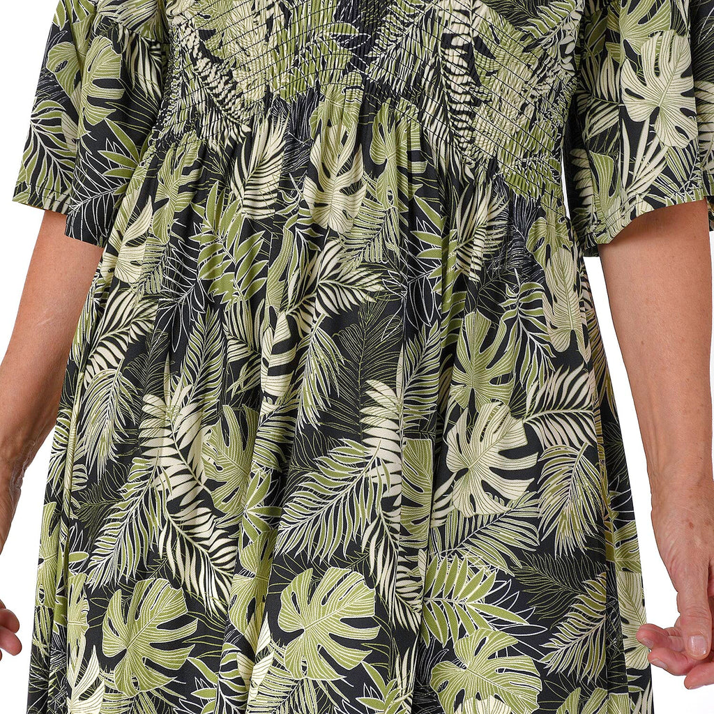 Nova of London Palm Leaf Pattern Shirred Waist Stretch Midi Dress (Size S) - Black