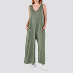 Plain V-Neck Sleeveless Jumpsuit (One Size) - Khaki
