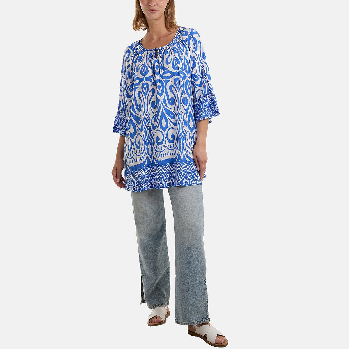 Nova of London Border Printed Top with Frill Sleeves (One Size) - Blue 7825229 0