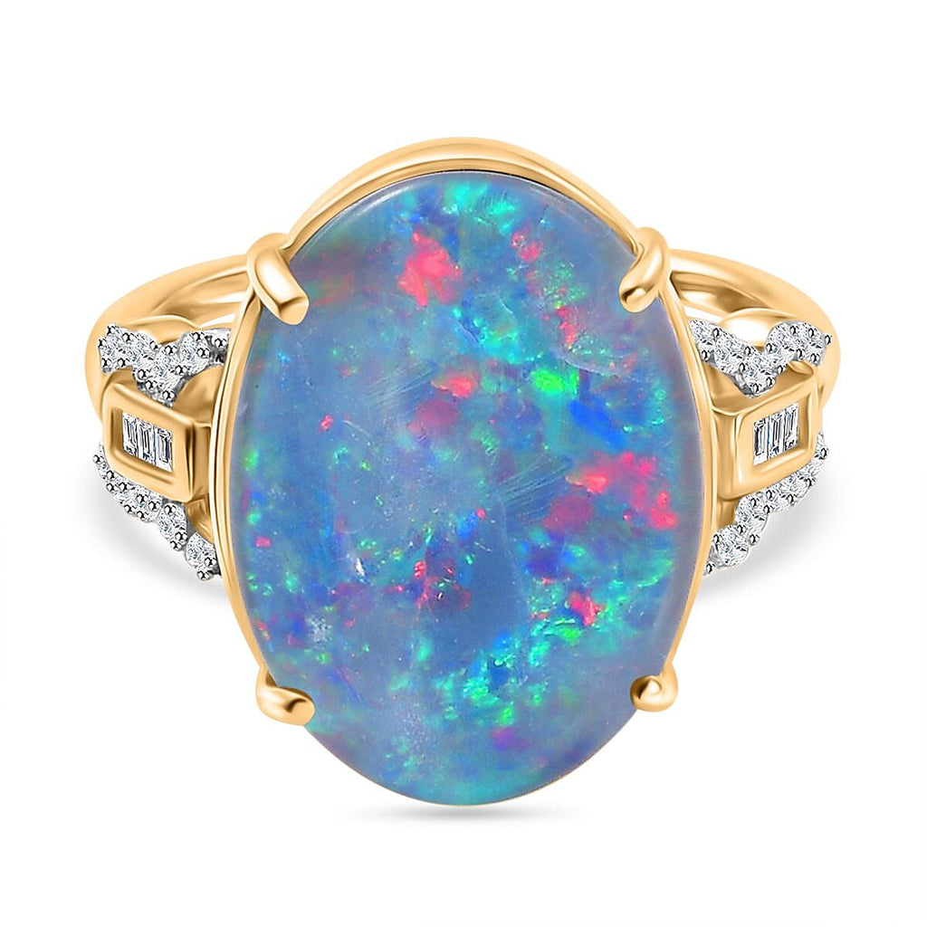 9K Yellow Gold AAA Boulder Opal with White Diamond Ring 6.58 Ct.