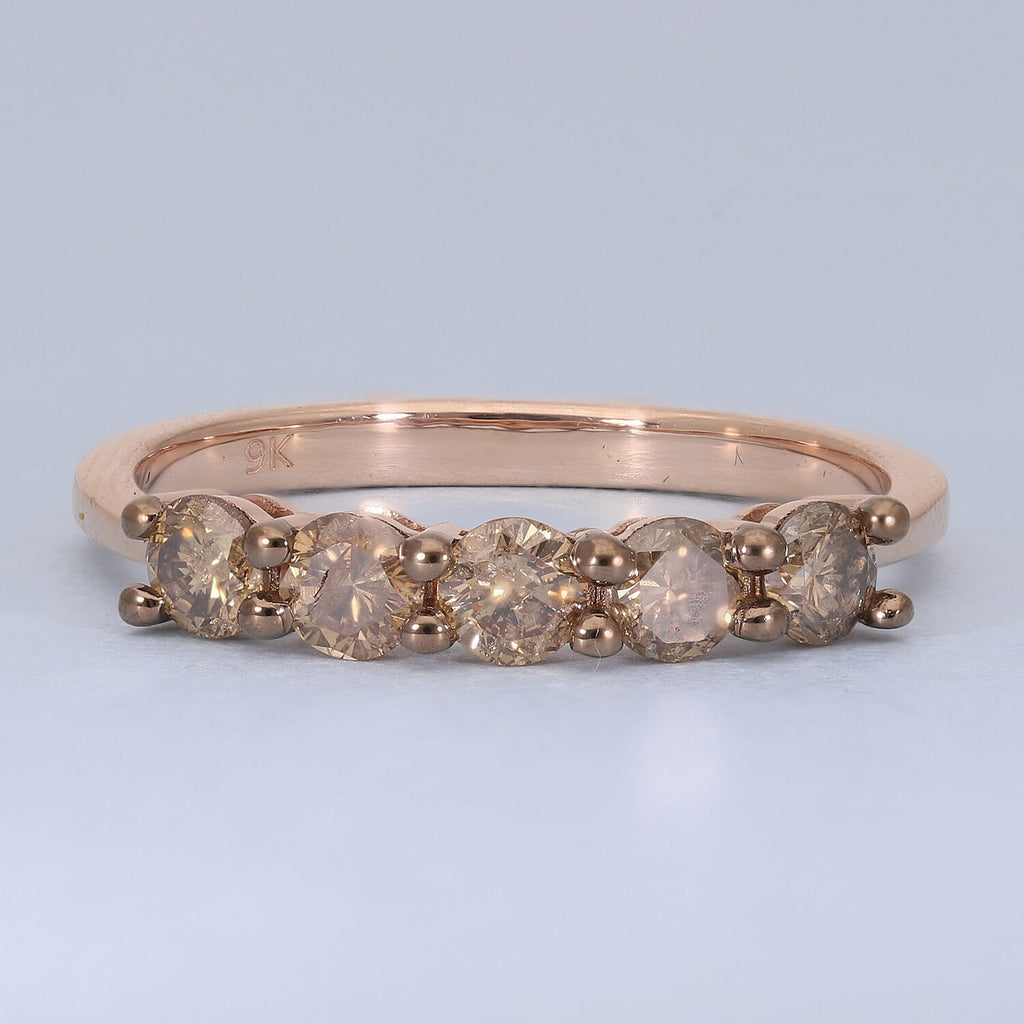 9K Rose Gold SGL Certified Natural Champagne Diamond Five Stone Ring 1.00 Ct.