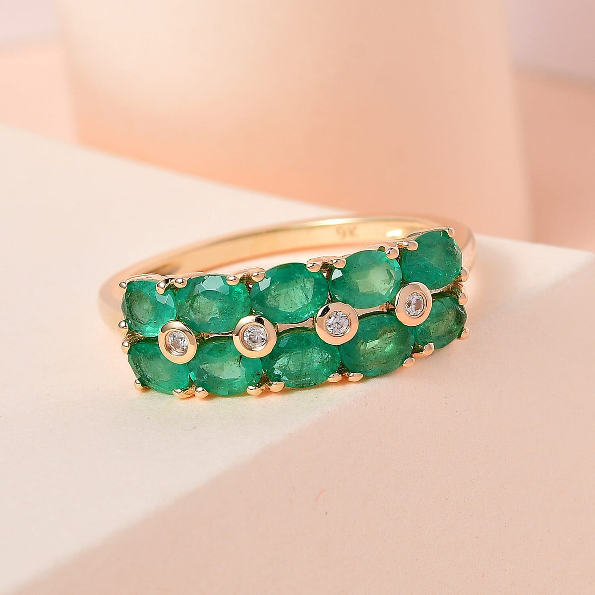 9K Yellow Gold AAA Gemfields Emerald and Natural Zircon Ring 1.60 Ct 7544479 1